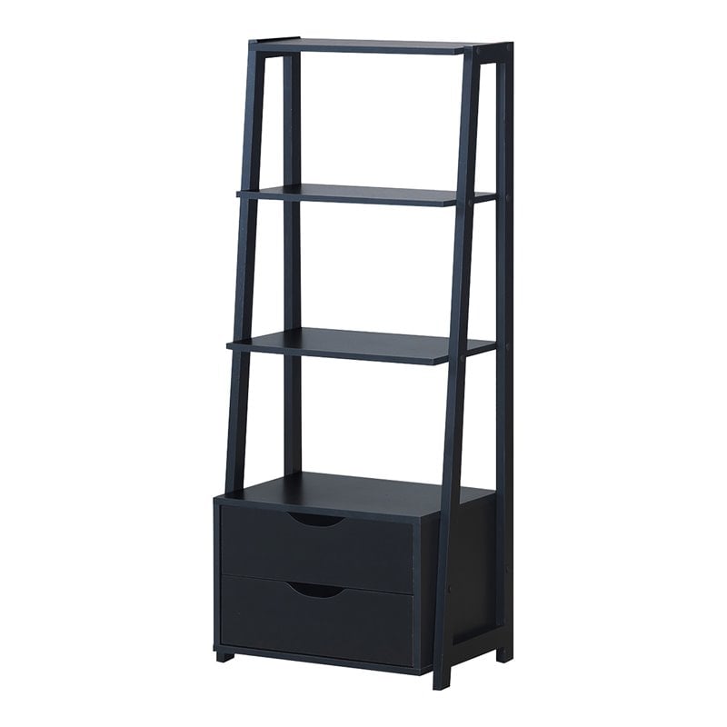 Pemberly Row Set of 2 4-Tier MDF Ladder Bookcases with 2 Drawers in Black