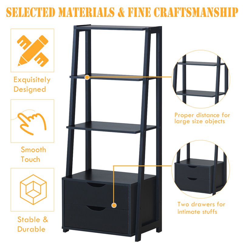 Pemberly Row Set of 2 4-Tier MDF Ladder Bookcases with 2 Drawers in Black