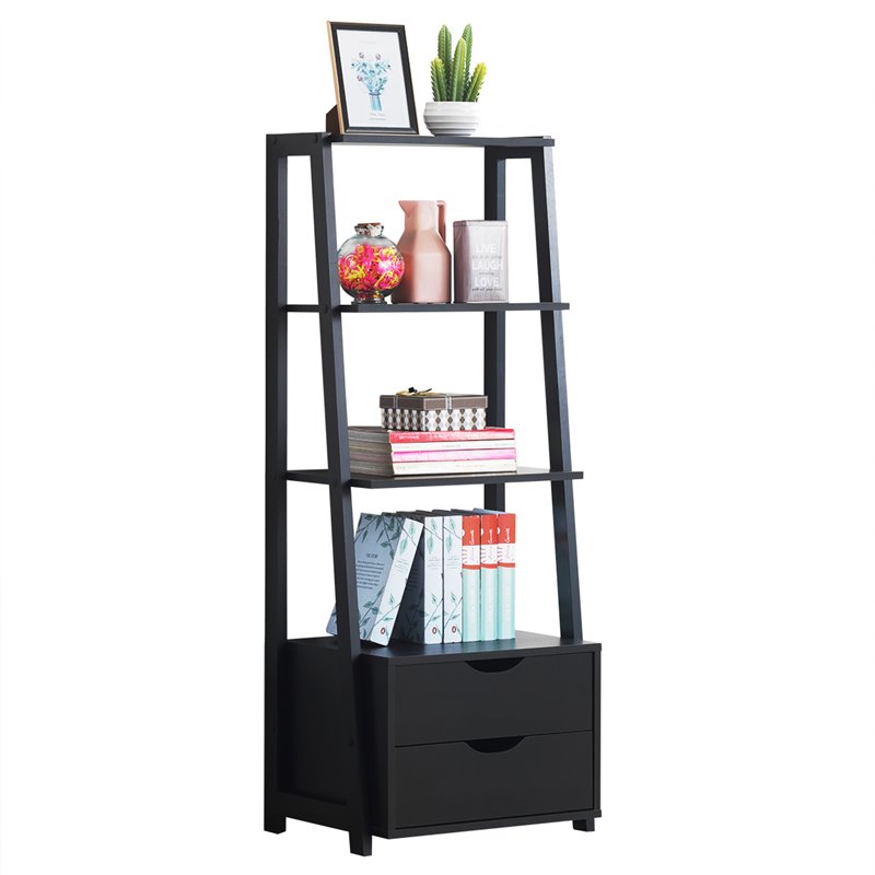 Pemberly Row Set of 2 4-Tier MDF Ladder Bookcases with 2 Drawers in Black