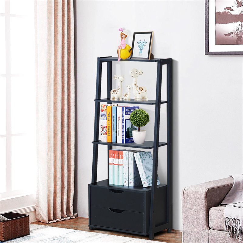 Pemberly Row Set of 2 4-Tier MDF Ladder Bookcases with 2 Drawers in Black