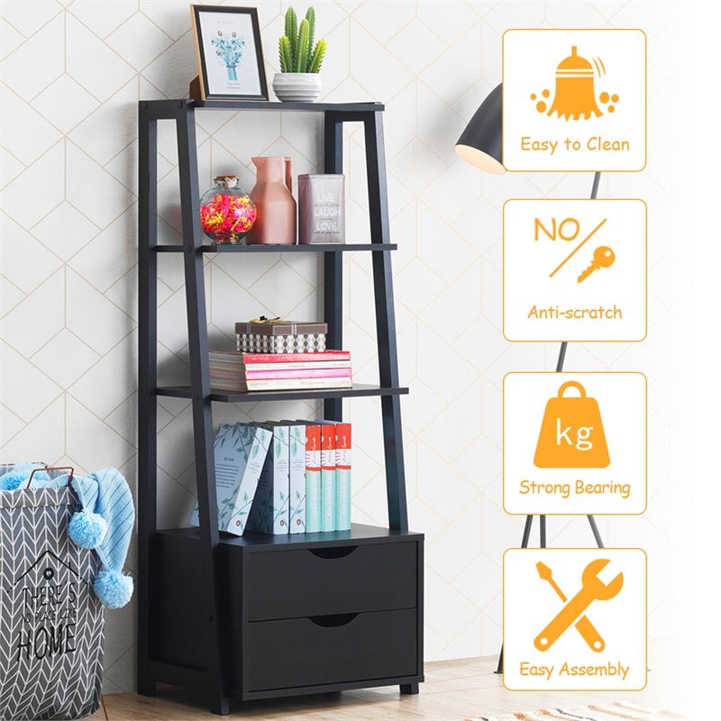 Pemberly Row Set of 2 4-Tier MDF Ladder Bookcases with 2 Drawers in Black