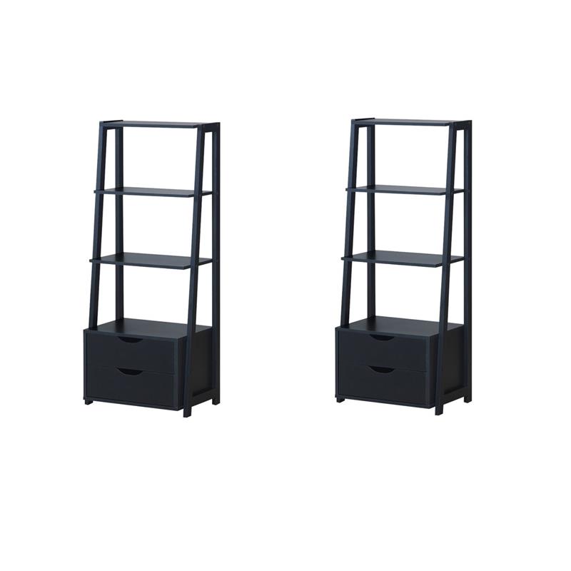 Pemberly Row Set of 2 4-Tier MDF Ladder Bookcases with 2 Drawers in Black