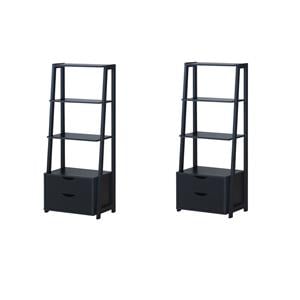 Pemberly Row Set of 2 4-Tier MDF Ladder Bookcases with 2 Drawers in Black