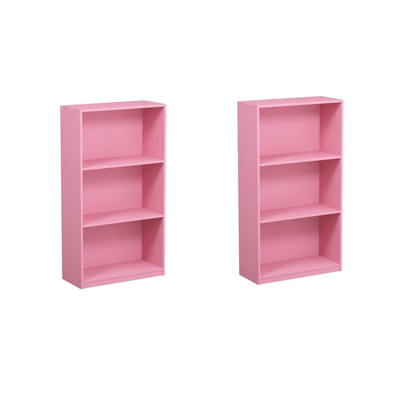 Pemberly Row Set of 2 Engineered Wood 3-Tier Bookcases Storage Shelves in Pink