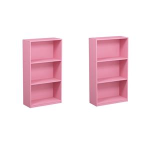 Pemberly Row Set of 2 Engineered Wood 3-Tier Bookcases Storage Shelves in Pink