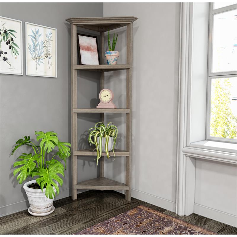 Pemberly Row Set of 2 4-tier Corner Traditional Wooden Bookcases in Washed Gray
