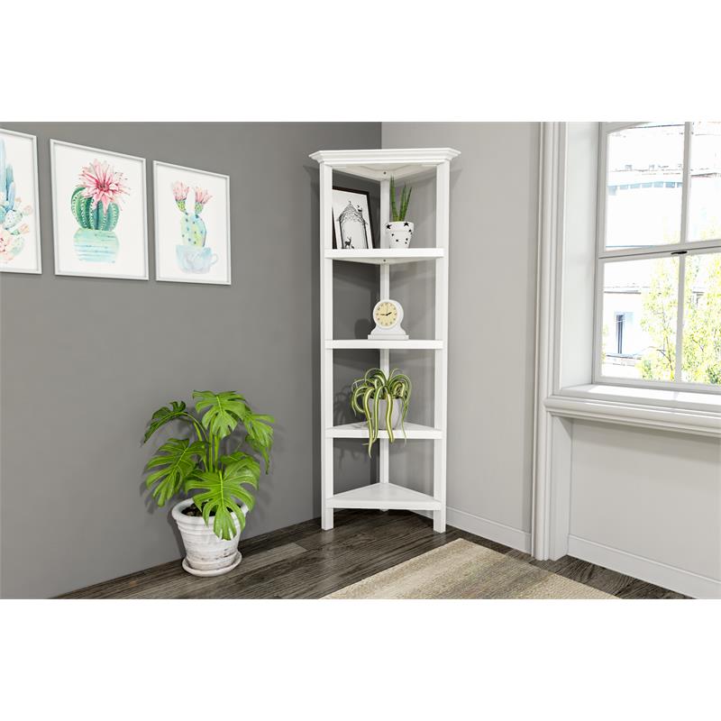 Pemberly Row Set of 2 4-tier Corner Traditional Wooden Bookcases in White