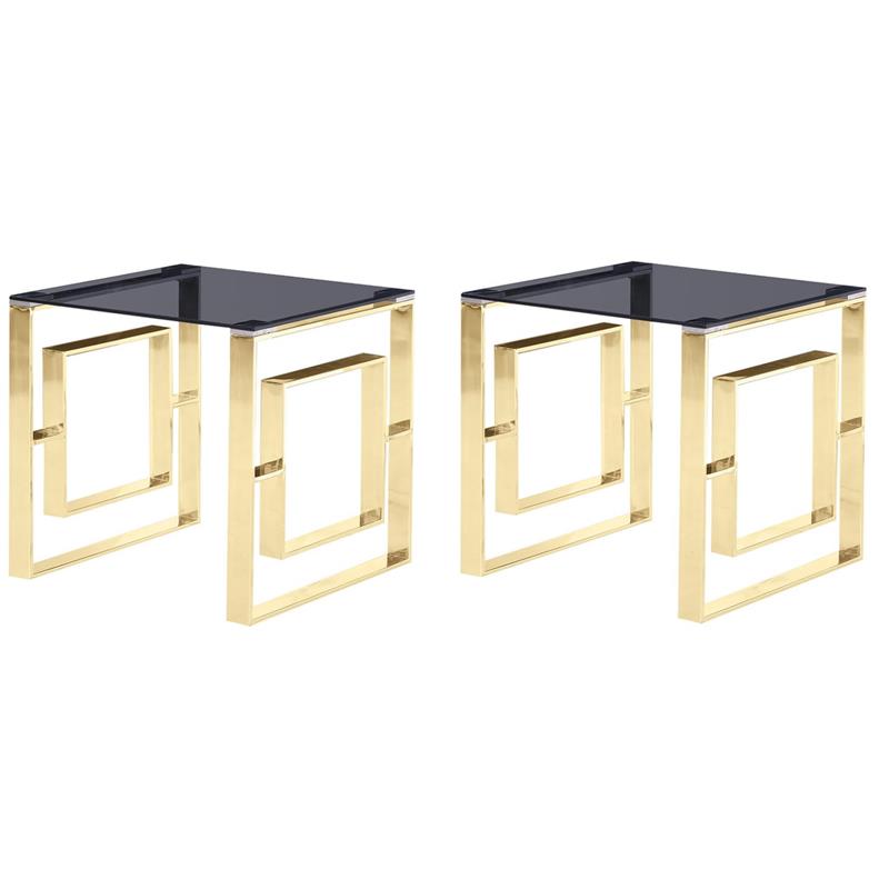 Pemberly Row Set of 2 Stainless Steel and Smoked Glass End Tables in Gold