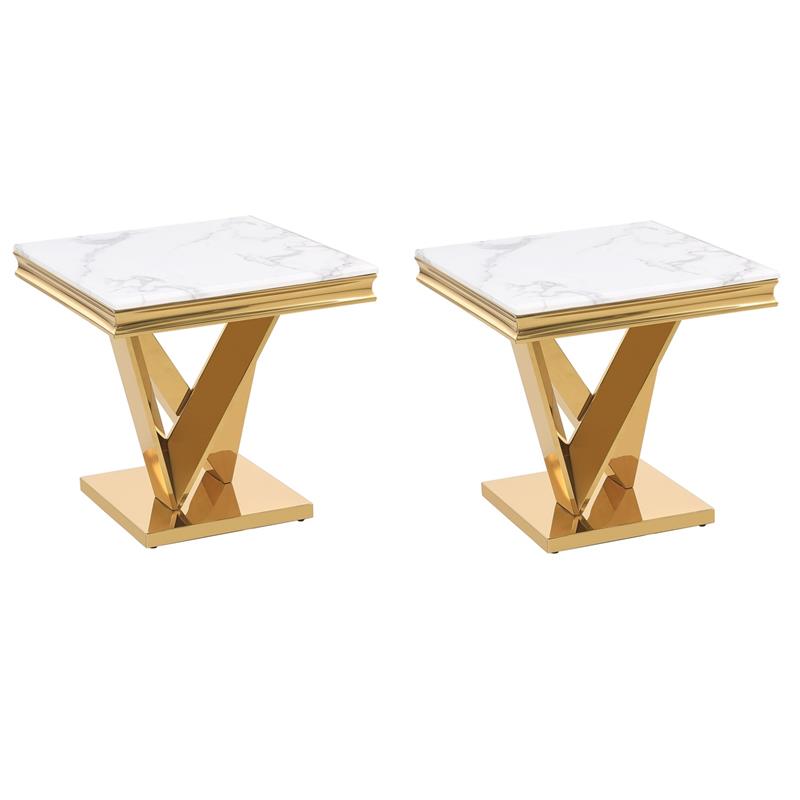 Pemberly Row Set of 2 Contemporary Gold Square Faux Marble End Tables