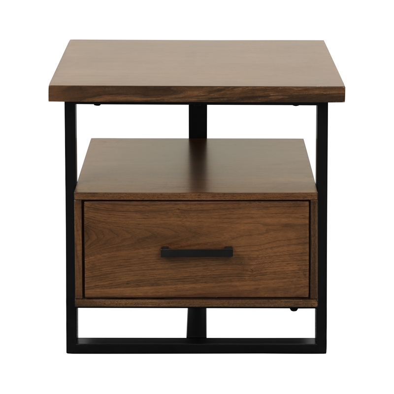 Pemberly Row Set of 2 Contemporary Metal 1-Drawer End Tables in Walnut