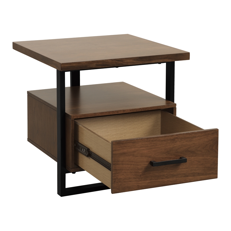 Pemberly Row Set of 2 Contemporary Metal 1-Drawer End Tables in Walnut