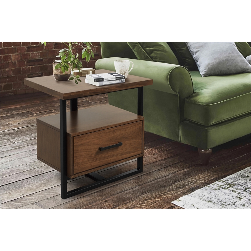 Pemberly Row Set of 2 Contemporary Metal 1-Drawer End Tables in Walnut