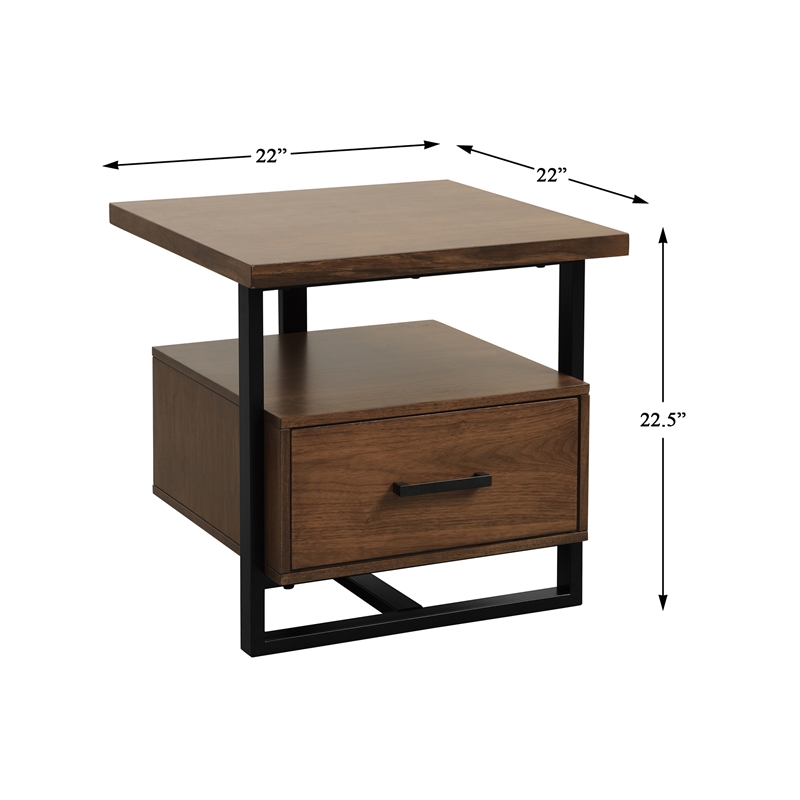 Pemberly Row Set of 2 Contemporary Metal 1-Drawer End Tables in Walnut