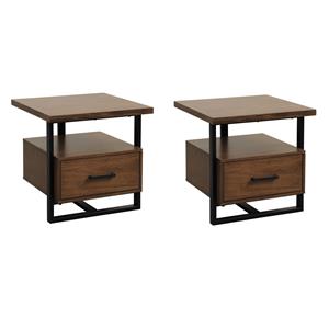 Pemberly Row Set of 2 Contemporary Metal 1-Drawer End Tables in Walnut