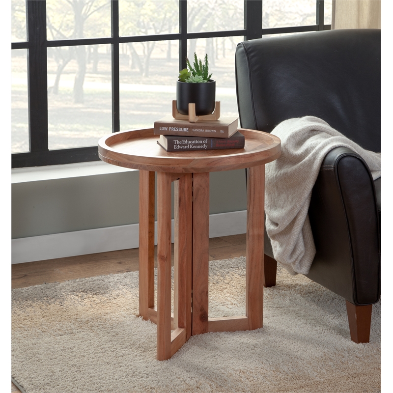 Pemberly Row Set of 2 Round Wood End Tables with Tray Top in Natural