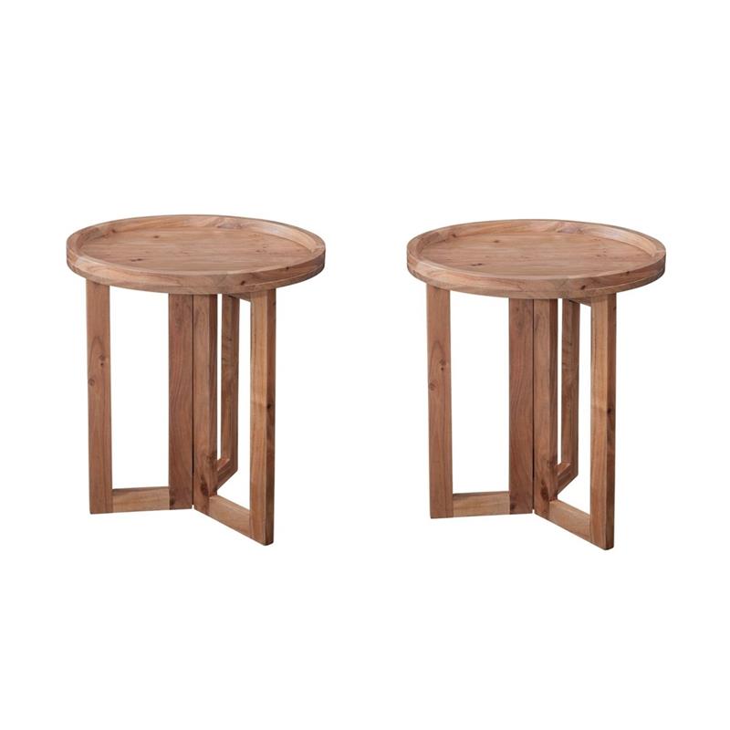 Pemberly Row Set of 2 Round Wood End Tables with Tray Top in Natural