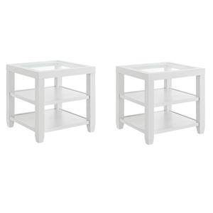 Pemberly Row Set of 2 Wood and Glass Top White End Tables with Shelves Storage