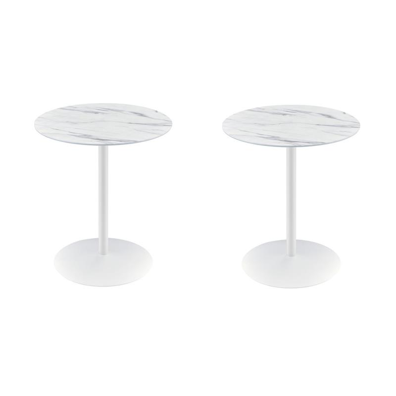 Pemberly Row Set of 2 Round End Tables with White Marble Textured Glass Top