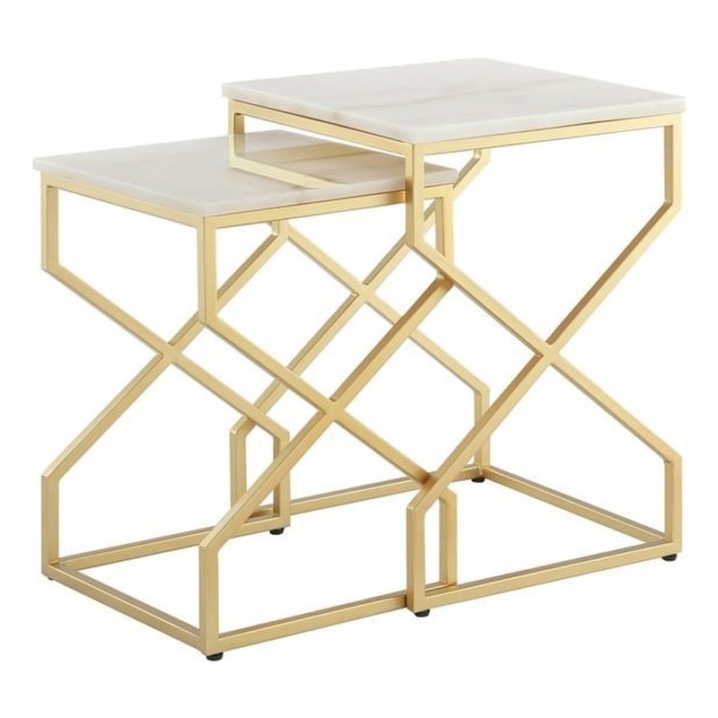 Pemberly Row Set of 2 Square Marble Top Nesting End Tables in Gold