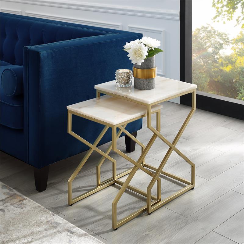 Pemberly Row Set of 2 Square Marble Top Nesting End Tables in Gold