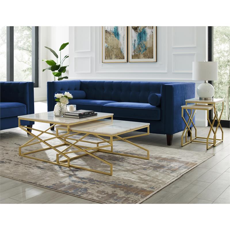 Pemberly Row Set of 2 Square Marble Top Nesting End Tables in Gold