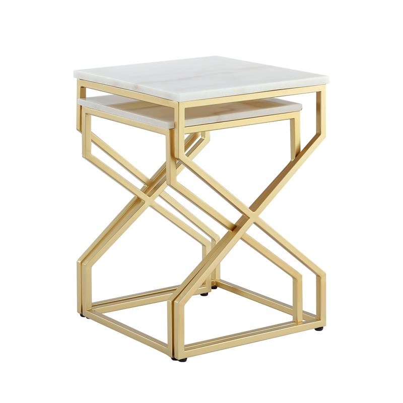 Pemberly Row Set of 2 Square Marble Top Nesting End Tables in Gold