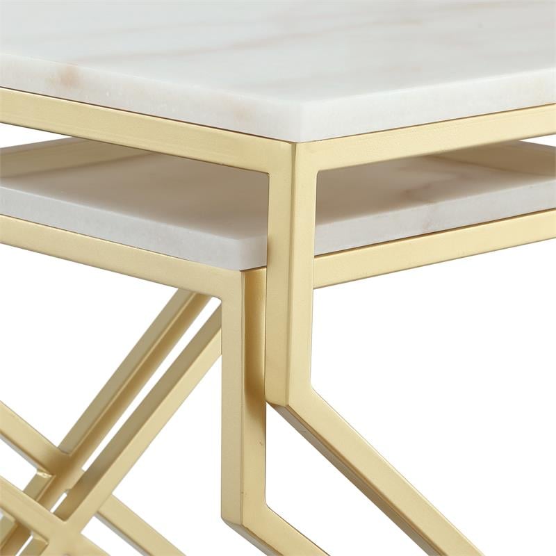 Pemberly Row Set of 2 Square Marble Top Nesting End Tables in Gold