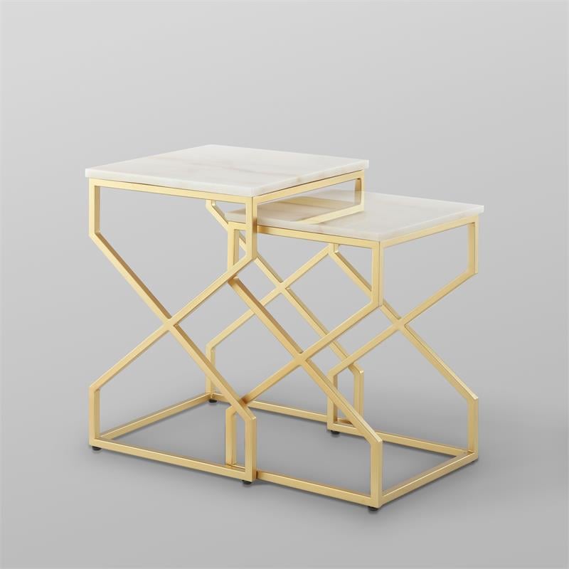 Pemberly Row Set of 2 Square Marble Top Nesting End Tables in Gold