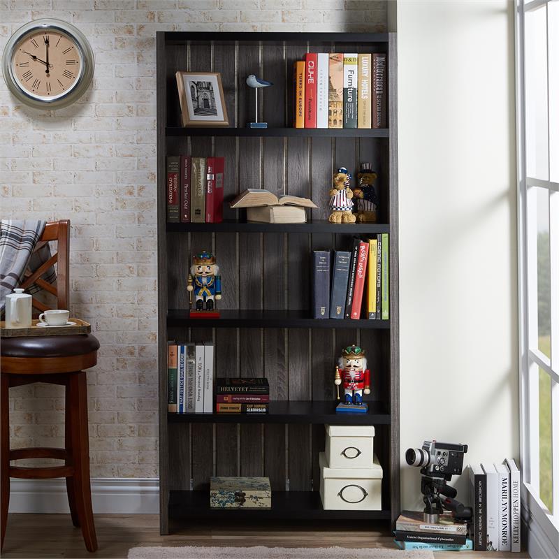 Pemberly Row Set of 2 Wood 5-Shelf Bookcases in Dark Gray and Black