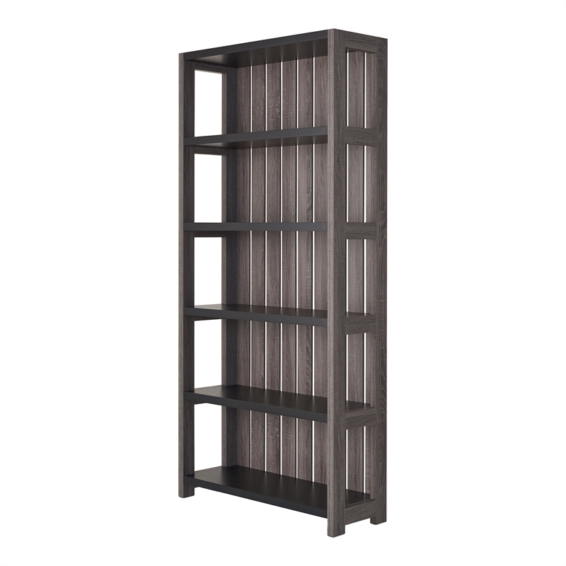 Pemberly Row Set of 2 Wood 5-Shelf Bookcases in Dark Gray and Black