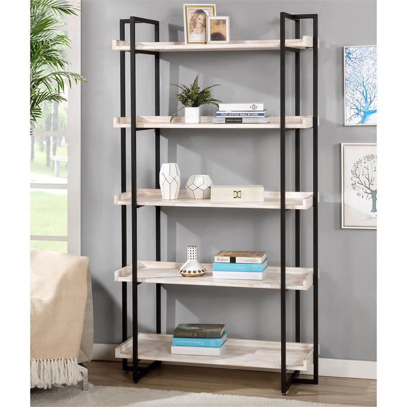 Pemberly Row Set of 2 Contemporary Wood 5-Tier Bookcases in Antique White