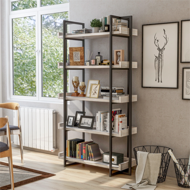 Pemberly Row Set of 2 Contemporary Wood 5-Tier Bookcases in Antique White