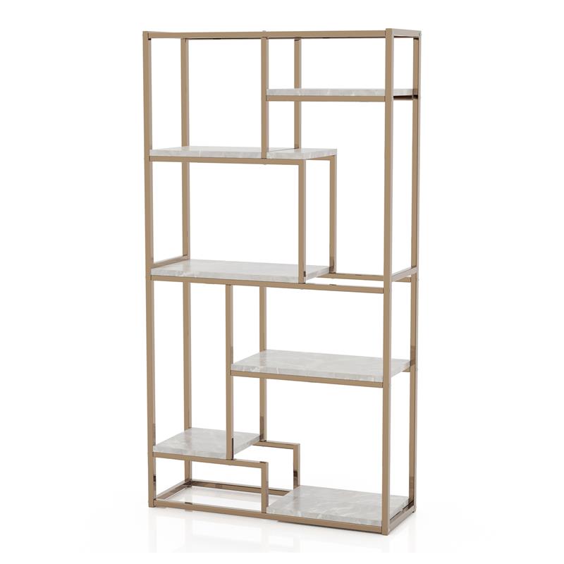 Pemberly Row Set of 2 Contemporary Metal 6-Shelf Bookcases in Gold Champagne