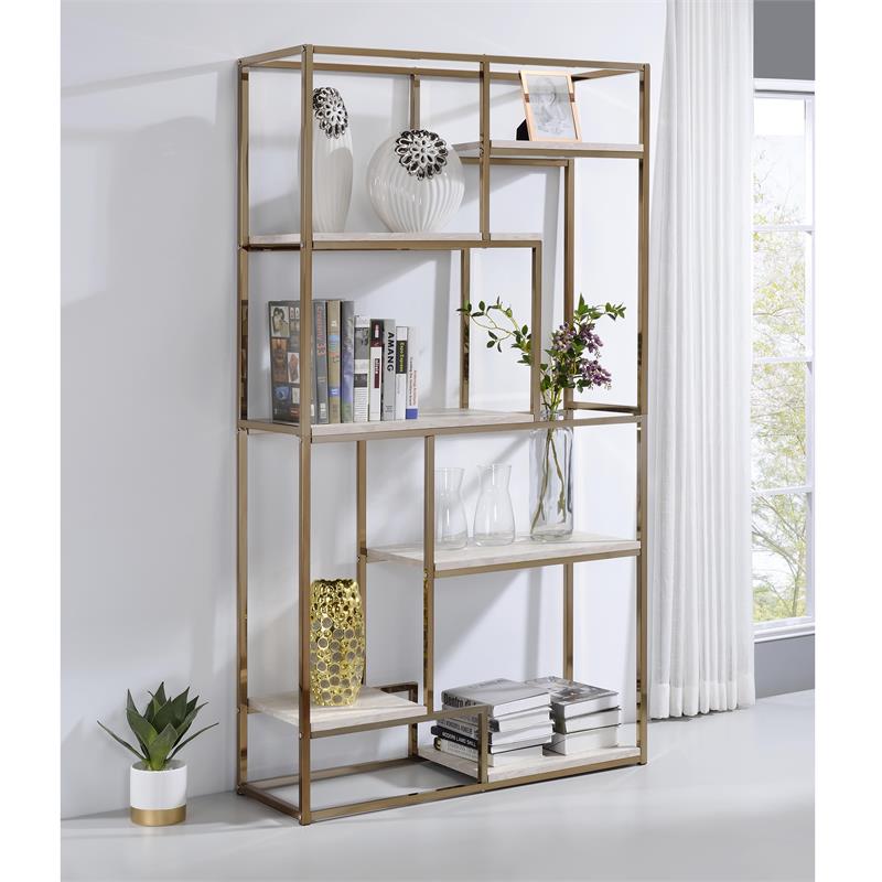 Pemberly Row Set of 2 Contemporary Metal 6-Shelf Bookcases in Gold Champagne