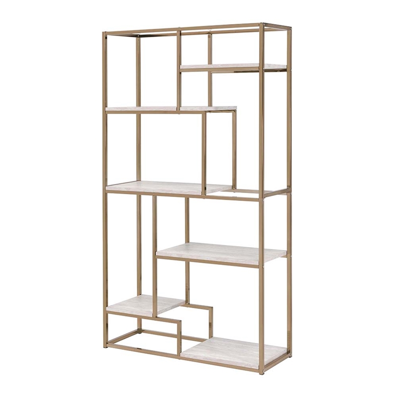 Pemberly Row Set of 2 Contemporary Metal 6-Shelf Bookcases in Gold Champagne