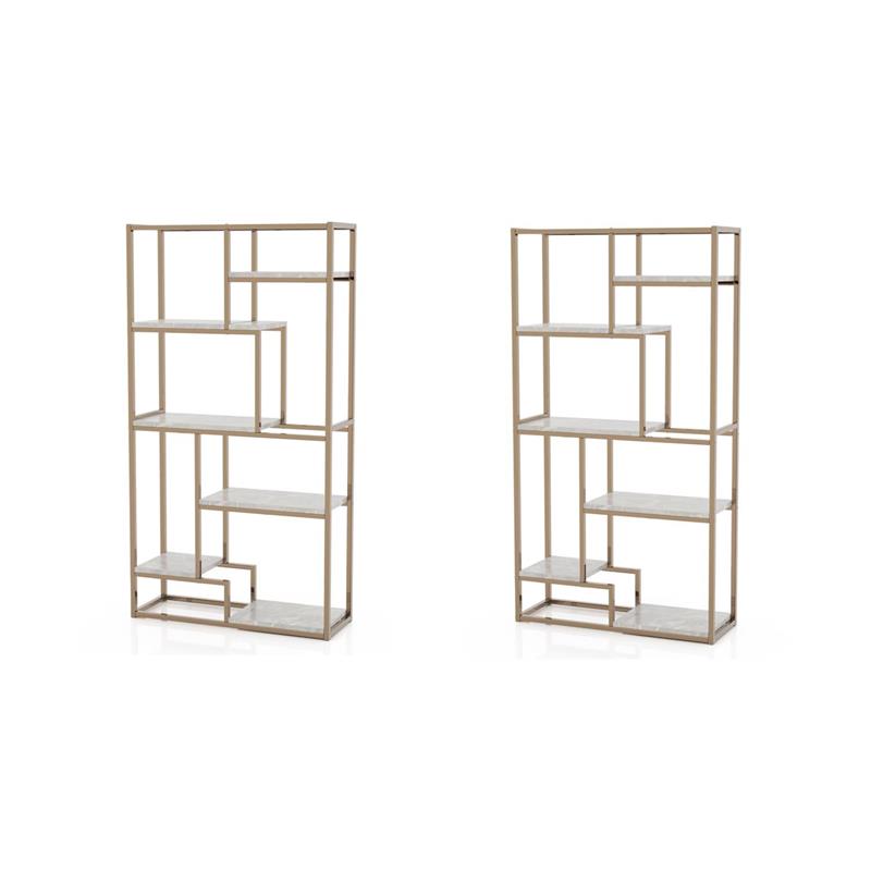 Pemberly Row Set of 2 Contemporary Metal 6-Shelf Bookcases in Gold Champagne