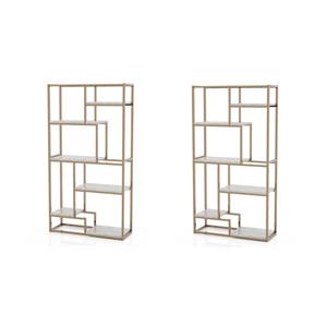 Pemberly Row Set of 2 Contemporary Metal 6-Shelf Bookcases in Gold Champagne