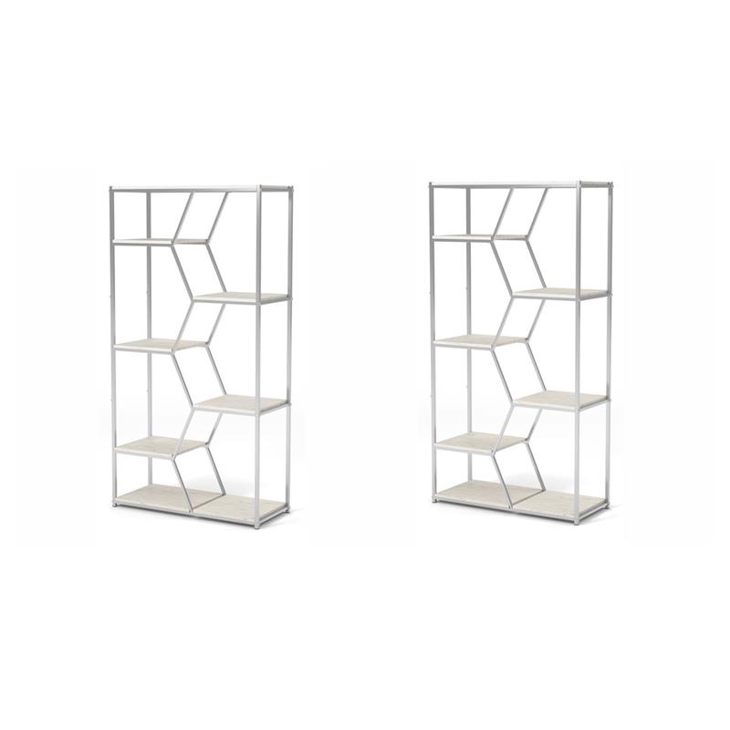 Pemberly Row Set of 2 Metal 7-Shelf Bookcases in Chrome and White