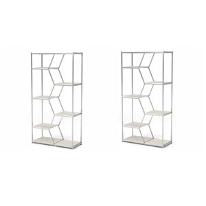 Pemberly Row Set of 2 Metal 7-Shelf Bookcases in Chrome and White