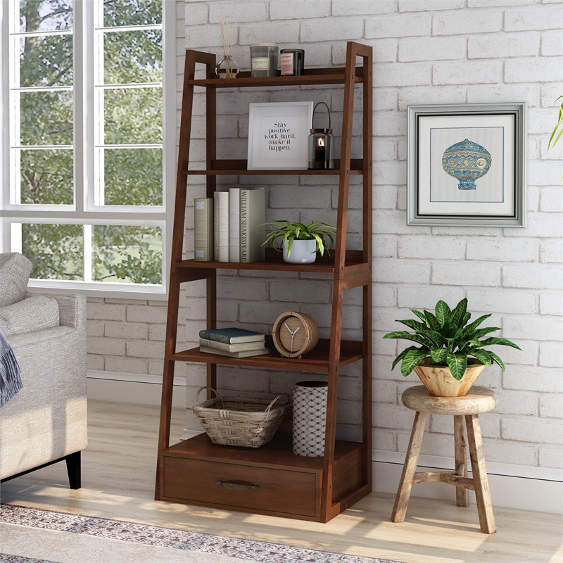 Pemberly Row Set of 2 Transitional Wood 1-Drawer Bookcases in Cherry
