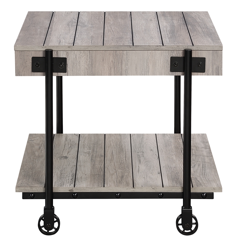 Pemberly Row Set of 2 Wood Natural End Tables with Metal Black Wheels
