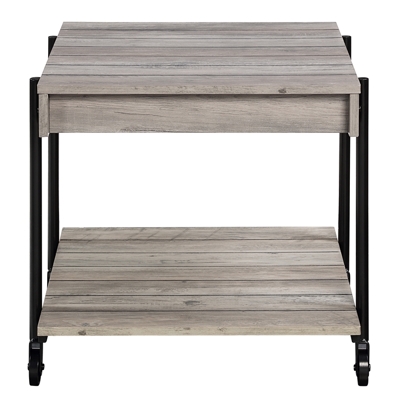 Pemberly Row Set of 2 Wood Natural End Tables with Metal Black Wheels