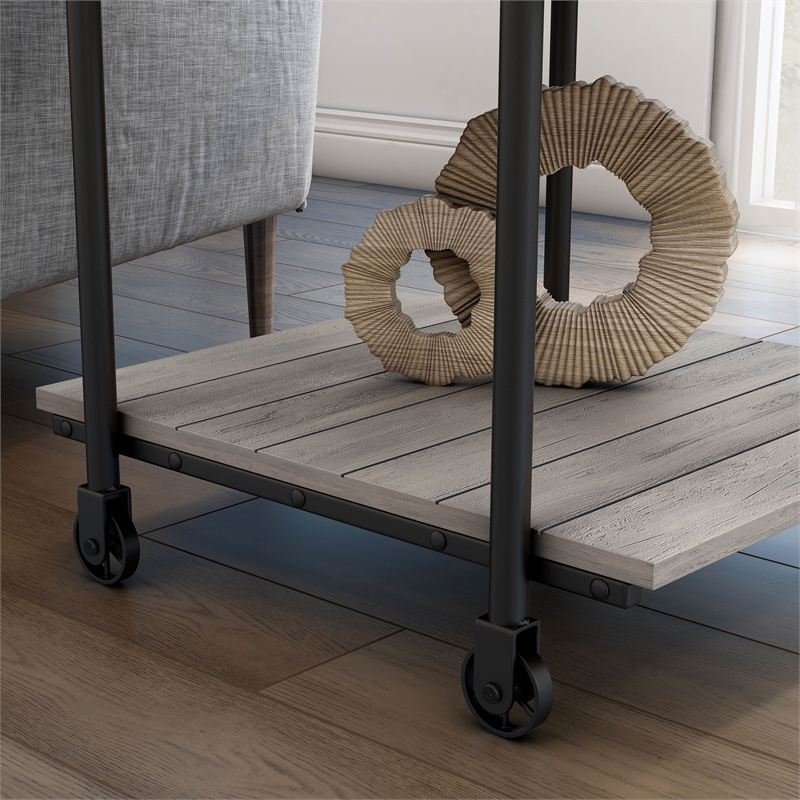 Pemberly Row Set of 2 Wood Natural End Tables with Metal Black Wheels