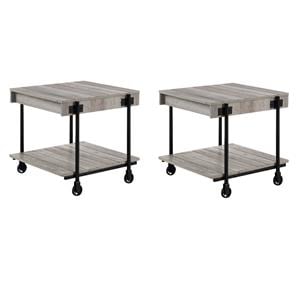 Pemberly Row Set of 2 Wood Natural End Tables with Metal Black Wheels
