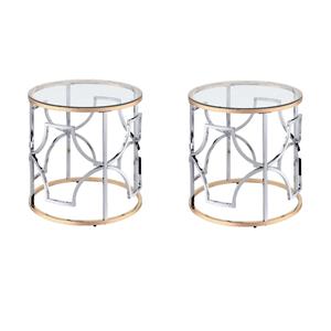Pemberly Row Set of 2 Glass Top Round End Tables in Chrome and Gold