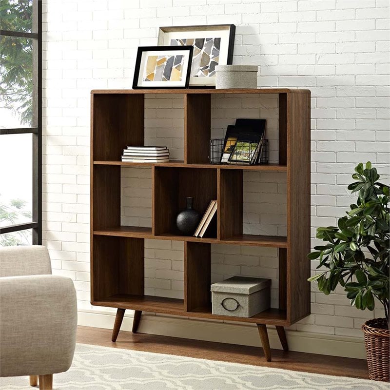Pemberly Row Set of 2 Modern Particleboard Wood Bookcases in Walnut