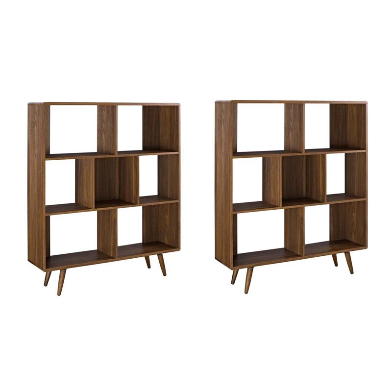 Pemberly Row Set of 2 Modern Particleboard Wood Bookcases in Walnut