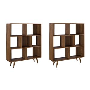 Pemberly Row Set of 2 Modern Particleboard Wood Bookcases in Walnut