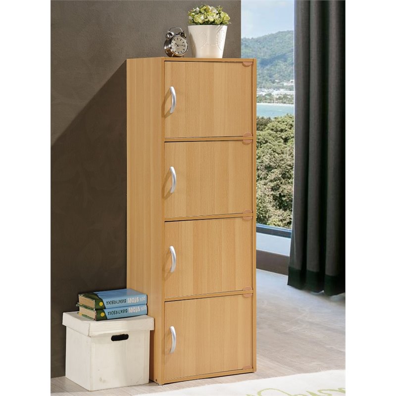 Pemberly Row Set of 2 4-Shelf 4 Door Multi-Purpose Wooden Bookcases in Beige