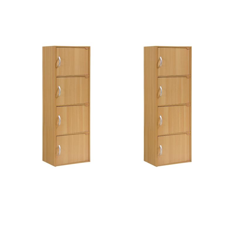 Pemberly Row Set of 2 4-Shelf 4 Door Multi-Purpose Wooden Bookcases in Beige